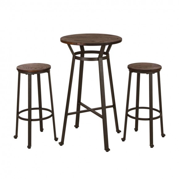 Glitzhome Rustic Steel Pub Bar Table and Stools with Elm Wood Top (1 Tabel+2 Stools)