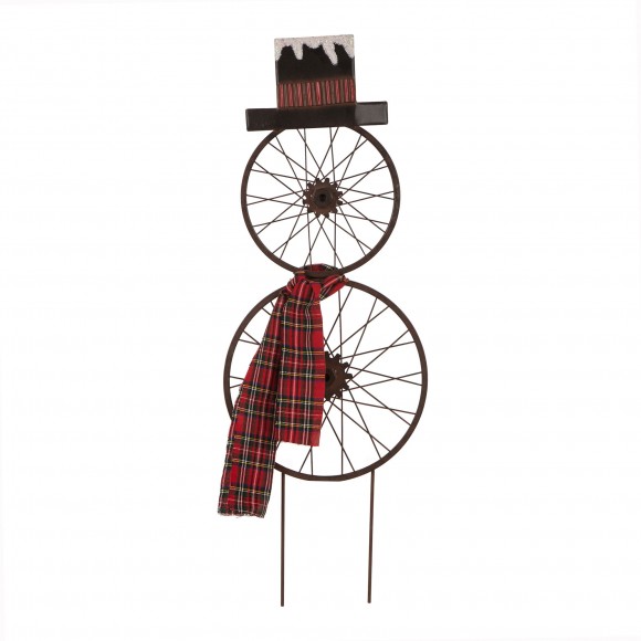 Glizhome 36"H Rusty Metal Bike Wheel Snowman Yard Stake or Wall Decor with Plaid Scarf