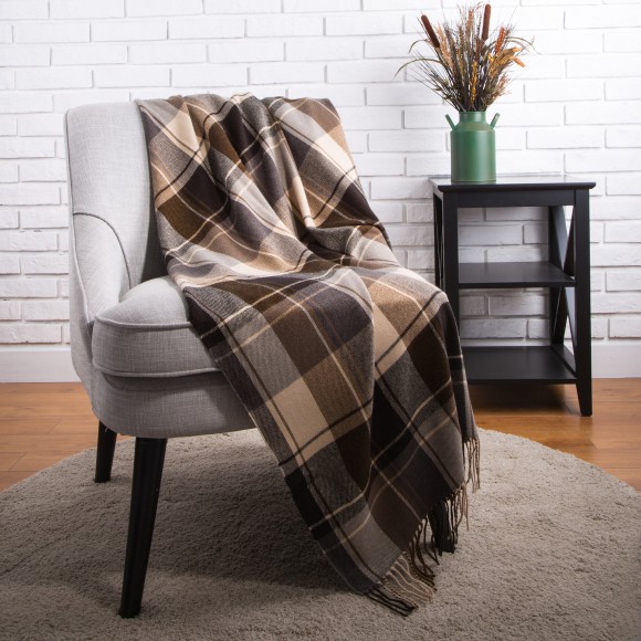 Glitzhome Plaid Woven Throw Blanket Winter Lattice Shawl Wrap with Tassels, Khaki, 50 × 60 Inch