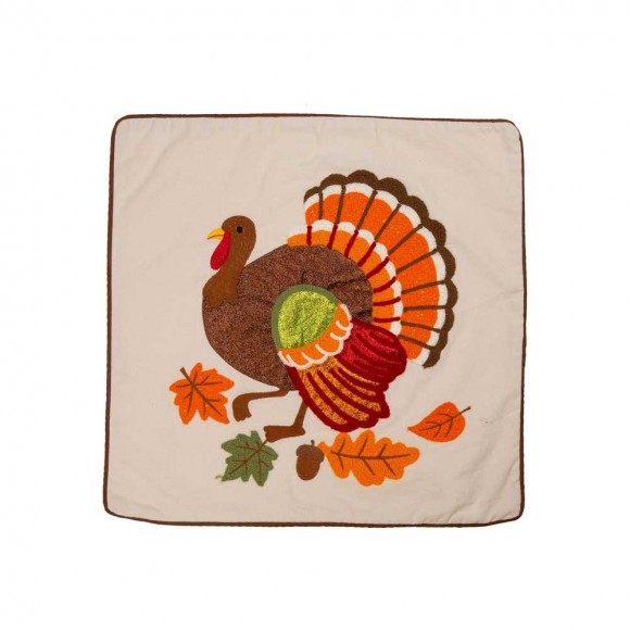 Glitzhome 18"L x 18"W Cotton Embroidered Turkey Pillow Cover