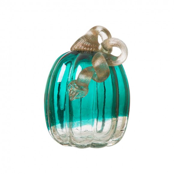 Glitzhome 5.51"H Hand Blown Turquoise Crackle Glass Pumpkin Decor