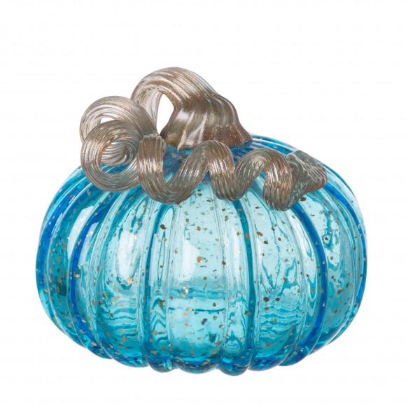 Glitzhome 5.51"D Hand Blown Blue Glitter Glass Pumpkin Decor