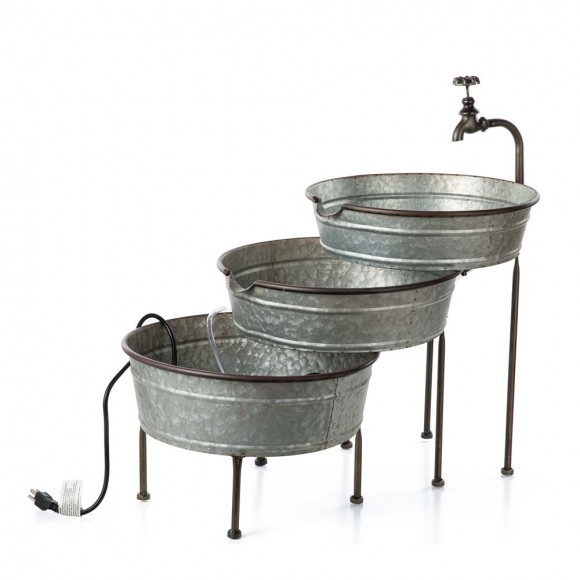 Glitzhome Farmhouse 3-Tiered Galvanized Metal Cascading Water Garden Fountain