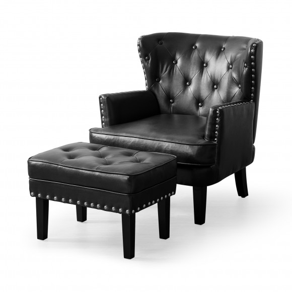 Glitzhome Set of 2 Modern Black Leatherette Button-tufted Accent Chair & Accent Stool