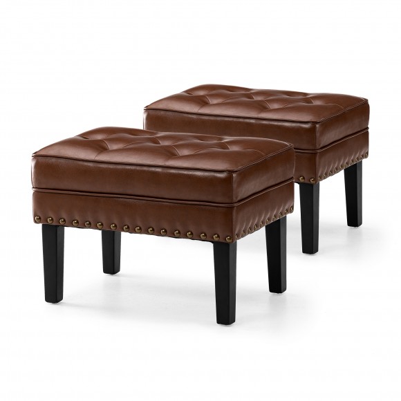 Glitzhome Set of 2 Mid-century Modern Coffee Leatherette Button-tufted Accent Stool