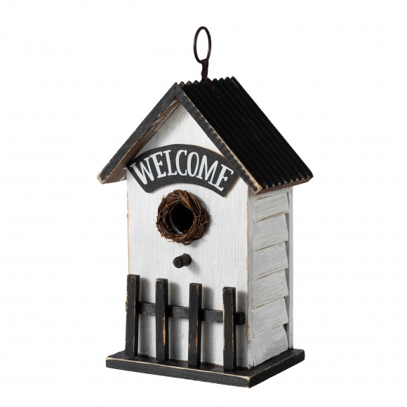 Glitzhome 11"H Washed White Solid Wood Fence Outdoor Garden Birdhouse