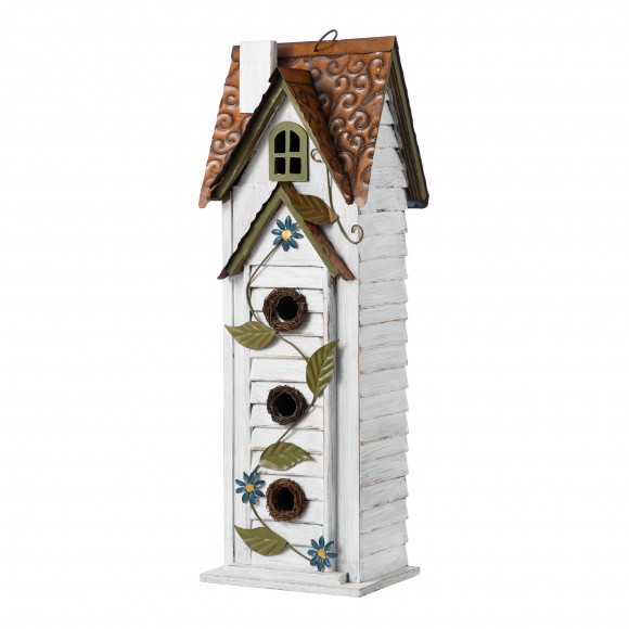 Glitzhome 24.25"H Oversized Washed White 3-Tiered Solid Wood Villa Decorative Outdoor Garden Birdhouse