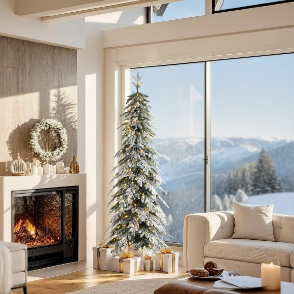 Glitzhome 7.5ft Pre-Lit Flocked Pencil Spruce Artificial Christmas Tree with 350 Warm White Lights