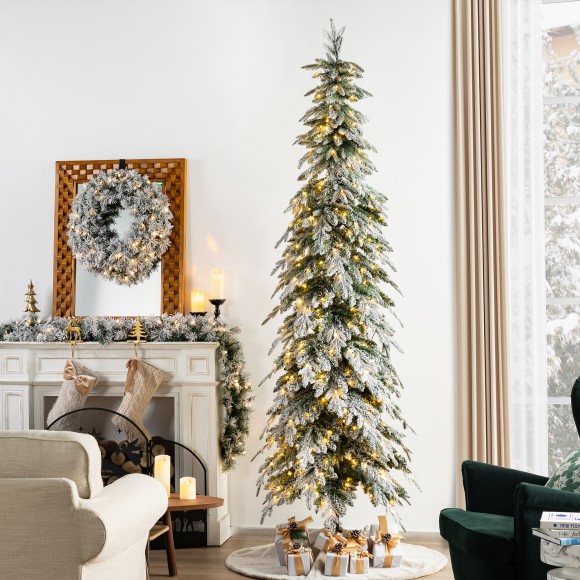 Glitzhome 9ft Pre-Lit Flocked Pencil Spruce Artificial Christmas Tree with 470 Warm White Lights 