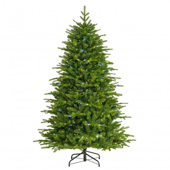 Glitzhome 6ft Pre-Lit Green Full Fir Artificial Christmas Tree with 300 Warm White and Multi-Color Twinkling Lights, 10 Function with Remote and Foot Pedal