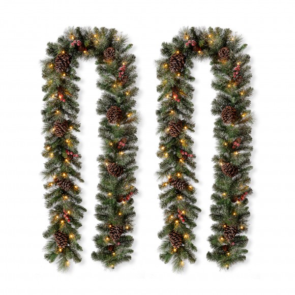 Glitzhome Set of 2  9ft Pre-Lit Glittered Pine Cone Christmas Garland, with Warm White LED Lights with Timer