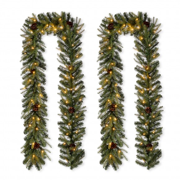 Glitzhome Set of 2 9ft Pre-Lit Greenery Pine Cone Christmas Garland, With Warm White LED Lights with Timer