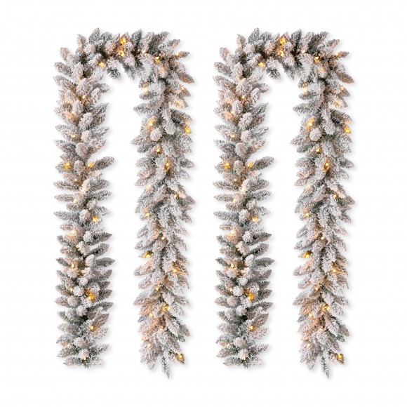 Glitzhome Set of 2 9ft Pre-Lit Snow Flocked Christmas Garland, with Warm White LED Lights  with Timer