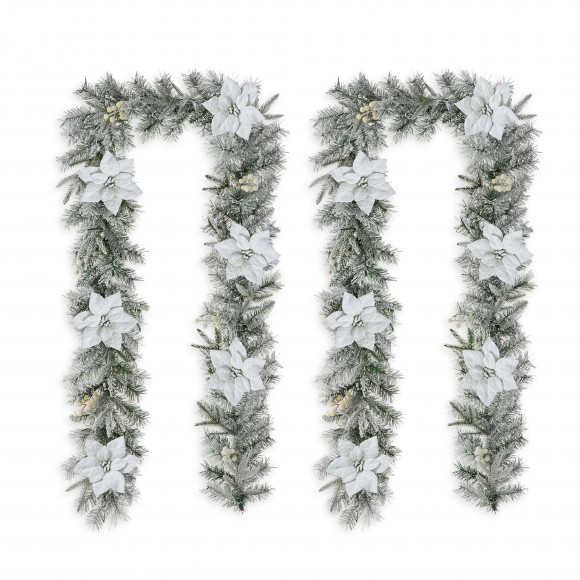 Glitzhome Set of 2 9ft Pre-Lit Snow Flocked Greenery Pine Poinsettia Christmas Garland, with 50 Warm White Lights with Timer