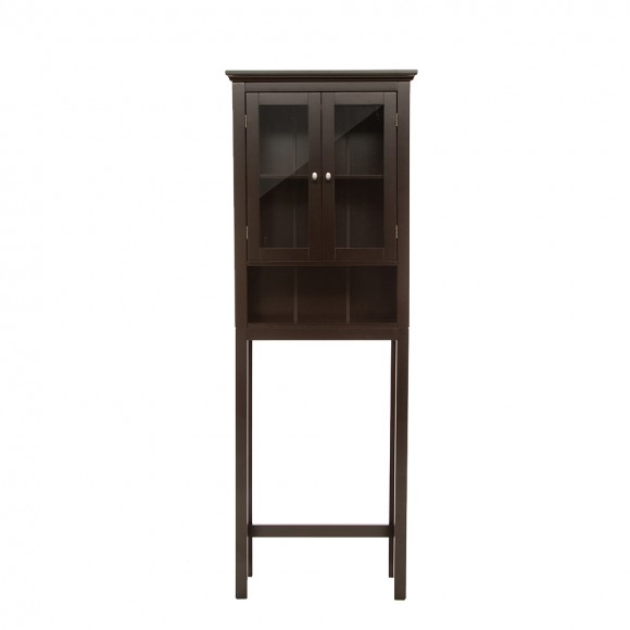 Glitzhome Wooden Free Standing Storage Cabinet with Glass Double Doors, Espresso