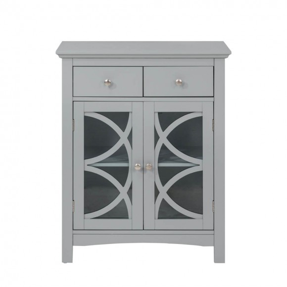 Glitzhome Wooden Free Standing Storage Cabinet with Glass Double Doors and Drawer, Gray