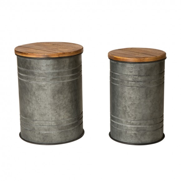 Glitzhome Rustic Galvanized Metal Storage Accent Table or Stool with Round Wood Lid,  Set of 2