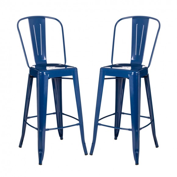 Glitzhome Vintage Stackable Navy Blue Metal Bar Stool, Set Of 2