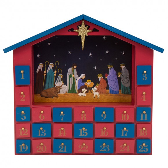 Glitzhome Handcrafted Wooden House Nativity Countdown Calendar With Drawer