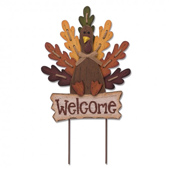 Glitzhome Burlap Wooden Autumn Turkey Welcome Sign or Yard Stake