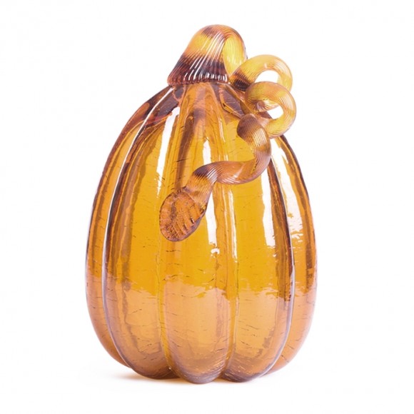 Glitzhome 9.06"H Hand Blown Tall Amber Crackle Glass Pumpkin Decor
