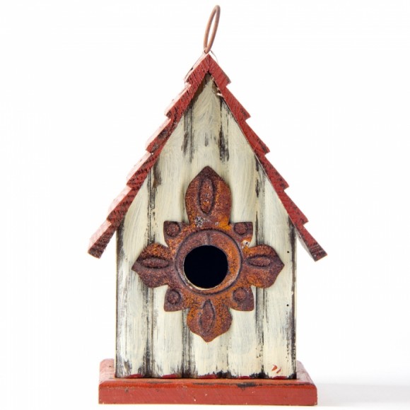 Glitzhome Tall White/Red Hand Painted Wood Birdhouse, 8.94"