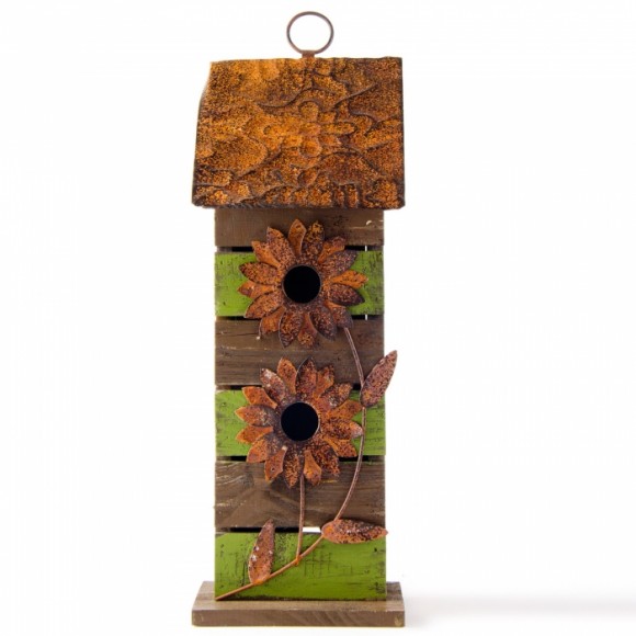 Glitzhome 14.45"H Hanging Two-Tiered Distressed Wooden Garden Bird House With Flowers