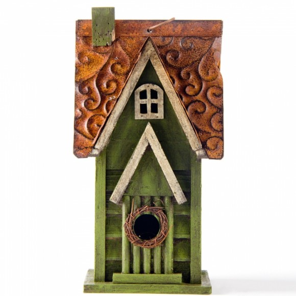 Glitzhome 11.93"H Tall Green Hand Painted Wood Birdhouse