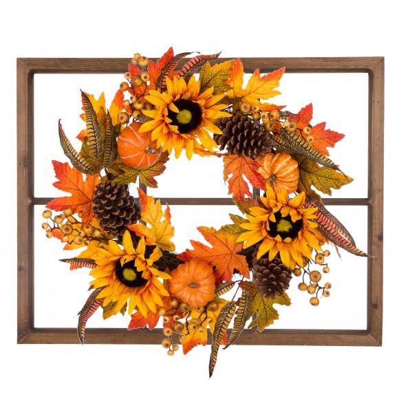 Glitzhome 24"D Yellow/Orange Sunflower Wreath with 28"L Window Frame