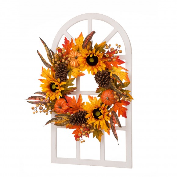 Glitzhome 24"D Yellow/Orange Sunflower Wreath with 36"H Wooden Window Frame