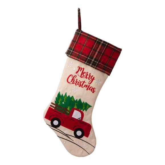 Glitzhome 21''L Embroidered Linen Christmas Stocking - Red Truck