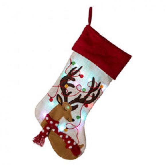 Glitzhome 21''L LED Embroidered Linen Christmas Stocking - Reindeer