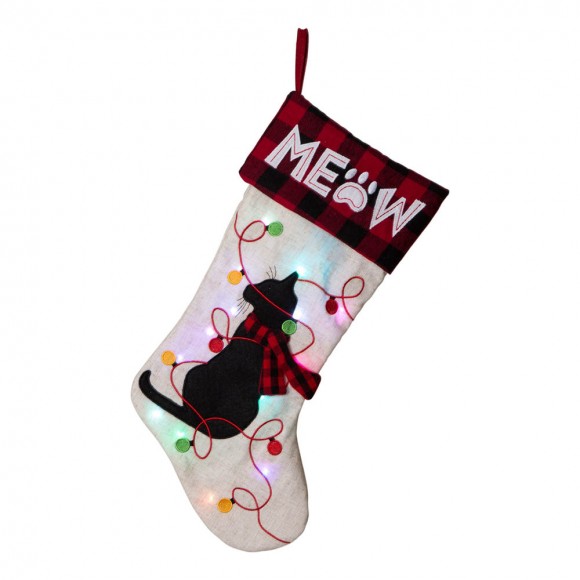 Glitzhome 21''L LED Embroidered Linen Christmas Stocking - Cat