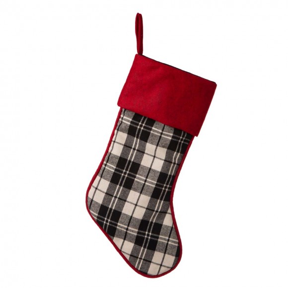 Glitzhome 20"L Black & White Plaid Fabric Christmas Stocking