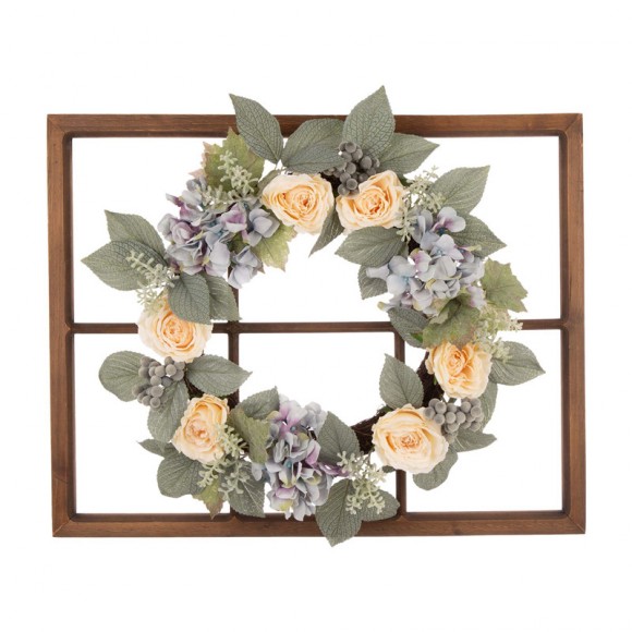 Glitzhome 28"H Wooden Window Frame with 22"D Hydrangea Rose Wreath