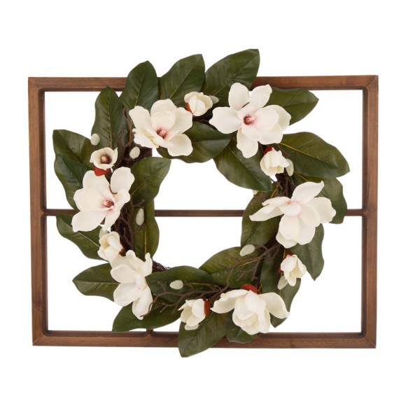 Glitzhome 28"H Wooden Window Frame with 24"D Magnolia Wreath