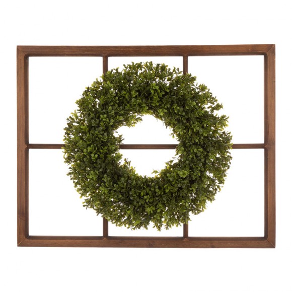 Glitzhome 28"H Wooden Window Frame with 18"D Boxwood Wreath