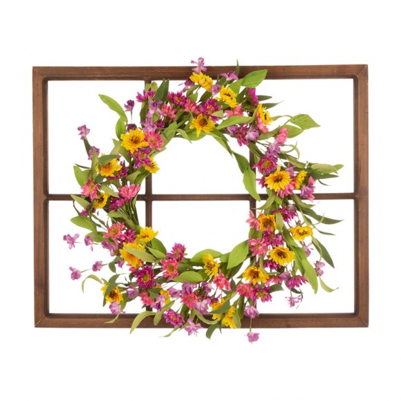 Glitzhome 28"H Wooden Window Frame with 24"D Artificial Chrysanthemum Wreath