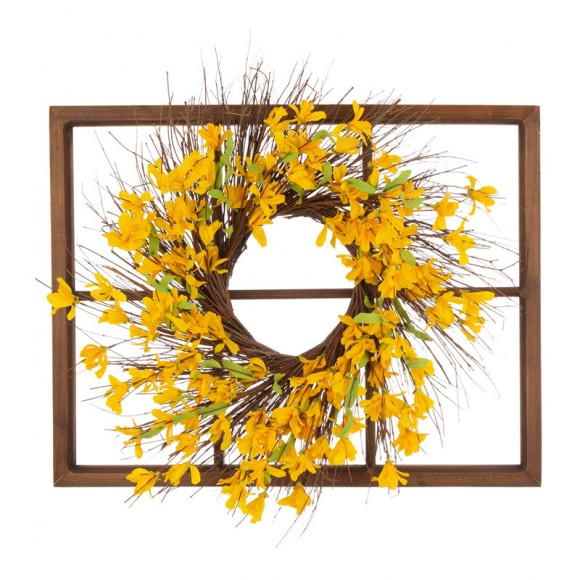 Glitzhome 28"H Wooden Window Frame with 24"D Artificial Winter Jasmine Wreath