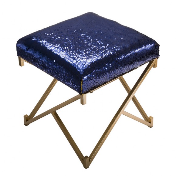 Glitzhome 17.30"H Sapphire Blue and Gold Shimmering Sequin Stool with Metal Gold legs