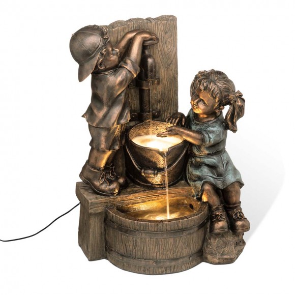 Glitzhome 25.5"H Polyresin Boy and Girl Sculptural Outdoor Fountain With Pump and LED Lights