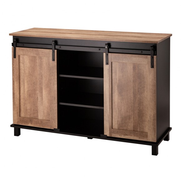 Glitzhome 47.20"L Modern Industrial Black Storage Cabinet with Natural Top and Sliding Doors