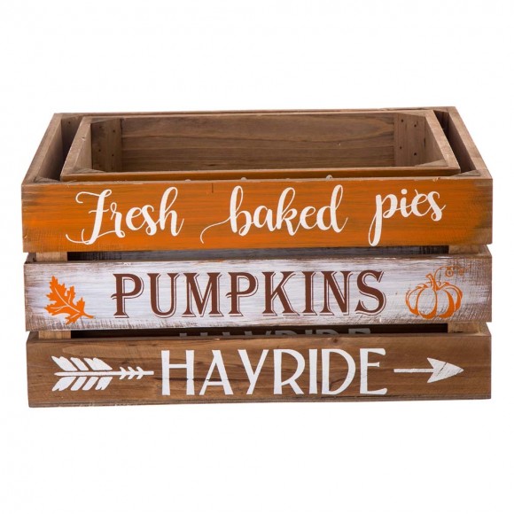 Glitzhome Wooden Pumpkin Storage Crates, Set of 2