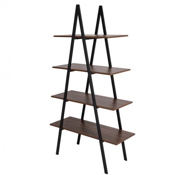 Glitzhome 64.57"H Brown Metal/Wooden 4-Tier Bookcases and Ladder Shelf