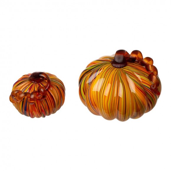 Glitzhome S/2 Multi Striped Glass Short Pumpkin Decor