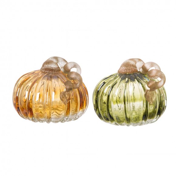 Glitzhome S/2 Green & Amber Crackle Glass Short Pumpkin（in same size）