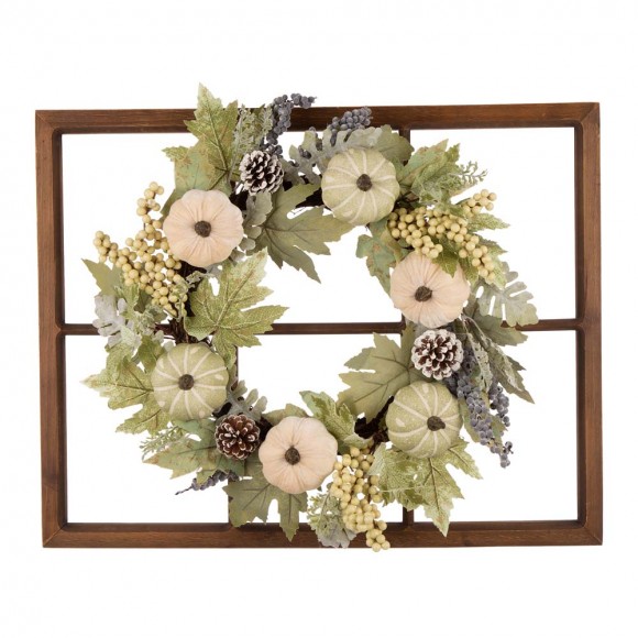 Glitzhome 22"D Pumpkin Wreath with 28"L Wooden Window Frame