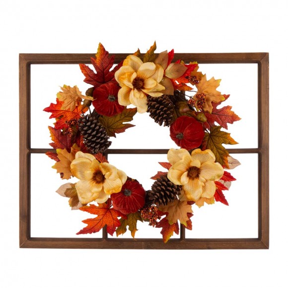 Glitzhome 22"D Blooming Magnolia Wreath with 28"L Wooden Window Frame