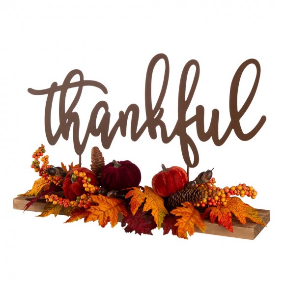 Glitzhome 24"L Harvest "Thankful" Metal Sign Floral or Centerpiece