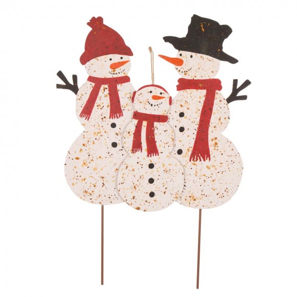 Glitzhome 29.92"H Rusty Metal Snowman Family Yard Stake or Standing Décor or Wall Décor 